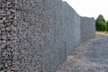 perspective view on a gabion wall made of metal grid filled with gravel