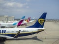 Perspective view of a group of aircraft fuselages of different airlines