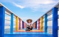 Perspective view of happy female tourist smiling while sitting on rainbow wooden bridge at sea viewpoint Royalty Free Stock Photo