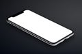 Perspective view isometric black smartphone similar to iPhone X mockup lies on dark surface