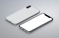 iPhone X. Perspective view isometric white smartphone mockup front and back sides lies on gray surface