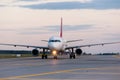 Perspective view of jet airliner at taxiway