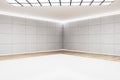 Perspective view on light grey corner in empty industrial style hall area with blank white floor for car or your product