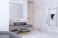 Perspective view of light bathroom interior design with tiles grey floor and stone walls. 3D Rendering Royalty Free Stock Photo