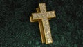 Perspective View Luxury Gold Shiny Floral Metal Style Cross Jesus Christianity Symbol On Dark Green Floral Metal Floor 3D