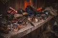 Perspective View of a Messy Wooden Shelf in a Garage Workshop. Keeping Your Workspace Clean and Tidy Concept Royalty Free Stock Photo