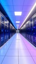 Perspective view of a modern data center aisle with glowing server racks and colorful ambient lighting Royalty Free Stock Photo