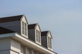 perspective view of modern gable roof design house wall with evening sky background. Royalty Free Stock Photo