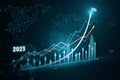 Perspective view of growing financial chart with rising up arrow on dark green background with world map. Currency and Royalty Free Stock Photo