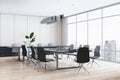 Perspective view of light meeting room interior with office desk and chairs, window with city view, wooden floor and beige