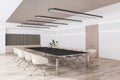 Perspective view of light meeting room interior with office desk and chairs, wooden floor and white walls. 3D Rendering