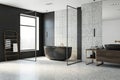 Perspective view of loft bathroom interior design with stone grey floor, black and stone walls and window with city view.