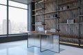 Perspective view on modern office cabinet with stylish transparent work table, modern laptop, city view from panoramic window and