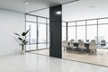 Perspective view of office hallway with meeting room with glass wall, panoramic window, wooden floor and entrance door. 3D Royalty Free Stock Photo