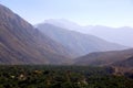 Perspective view of the mountain range, above the palm grove, Nakhal, Al Batinah Region of Oman Royalty Free Stock Photo