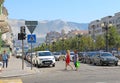 Perspective view of Novorossiysk Republic street and foothills of the Caucasus mountains Royalty Free Stock Photo