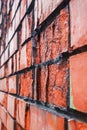 Perspective view of old red destructed brick wall