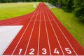 Perspective view of an open - air stadium with red numbered running tracks Royalty Free Stock Photo