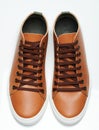 Perspective view of pair brown sneakers