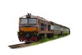 Perspective view of Passenger train hauled by the diesel electric locomotive isolated on white background with clipping path Royalty Free Stock Photo