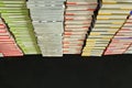 Perspective view of piled books arranged in rows