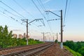 View of a railroad with power line support Royalty Free Stock Photo
