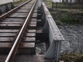 Perspective view of railroad tracks and small steel bridge. Royalty Free Stock Photo