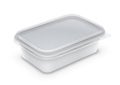 Perspective view of rectangular plastic container with foil and transparent lid