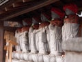 Perspective view of Roku Jizo, six Buddhist monk stone statues