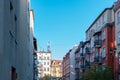 Perspective view at Sienkiewicza Street in Katowice, Silesia, Poland. Modernistic and eclectic tenement houses with plastered and