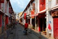 Perspective view of the Street of Happiness Rua da Felicidade flanked by traditional Chinese houses
