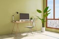 Perspective view on sunny natural colors work space in home office with modern computer on wooden table, green plants in white Royalty Free Stock Photo