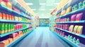 Perspective view of supermarket aisle filled with colorful cardboard boxes and food packages, bottles of beverages in Royalty Free Stock Photo