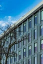 Perspective view to facade of modern corporate building with reflections in windows Royalty Free Stock Photo