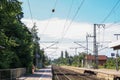 Perspective view of train tracks and platform at train station of Elmshorn, Germany Royalty Free Stock Photo