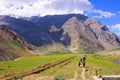 Perspective view of trekkers walking towards the next mountain. Himachal Pradesh