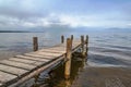 Perspective view of wooden pier at lake. Small bridge in water Royalty Free Stock Photo