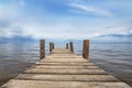 Perspective view of wooden pier at lake. Small bridge in water Royalty Free Stock Photo