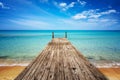 Perspective view of a wooden pier on the seashore with clear turquoise sea. Wallpaper image. Royalty Free Stock Photo