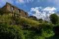 Perspective of wall with windows in the Castle of Torres Vedras, on top of hill Portugal