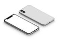 Perspective white smartphone like iPhone X mockup front side and back side CCW rotated lying on surface