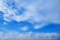Perspective wide view of romantic navy blue sky with white grey clouds. High resolution artistic skyline background image Royalty Free Stock Photo