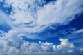 Perspective wide view of romantic navy blue sky with white grey clouds. High resolution artistic skyline background image Royalty Free Stock Photo