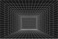 Perspective wireframe grid room. Interior digital box, grid tunnel geometry on black background. Network cyber Royalty Free Stock Photo