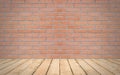 Perspective wood over red brick wall background, room, table, in Royalty Free Stock Photo