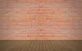 Perspective wood over red brick wall background, room, table, in Royalty Free Stock Photo