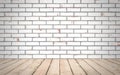Perspective wood over white brick wall background, room, table, Royalty Free Stock Photo