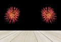 Perspective Wooden Table Top with Abstract Firework in Dark for Mock up or Display Product