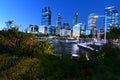 Perth central business center skyline from Elizabeth Quay Pedestrian walkway at dusk