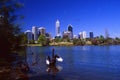 Perth Skyline with a a lake and a black swan